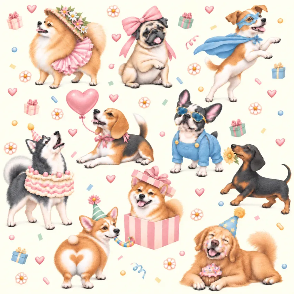ภาพซูมลาย Every Dog Has Its Day ปอมใส่หมวกดอกไม้ ปั๊กผูกโบว์ และคอร์กี้เป่าแตร