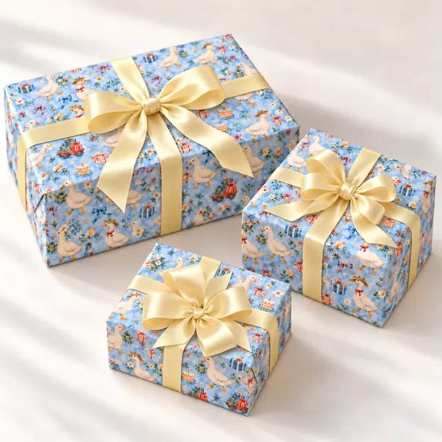 กล่องของขวัญห่อด้วยกระดาษลาย Special Delivery เป็ดขาวบนพื้นฟ้าอ่อน ผูกริบบิ้นสีเนย
