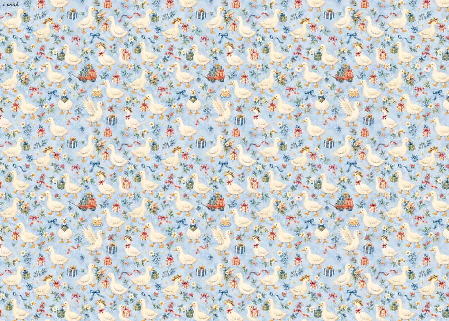 The full 50 × 70 cm sheet of Special Delivery wrapping paper: white ducks on soft blue