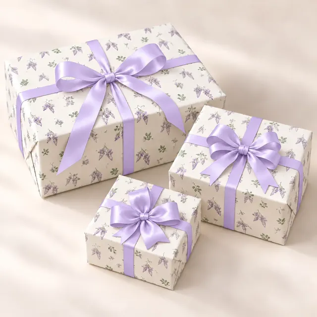 กล่องของขวัญห่อด้วยกระดาษลาย Wisteria Whisper ช่อวิสทีเรียสีม่วงอ่อนบนพื้นขาวนวล ผูกริบบิ้นม่วงอ่อน