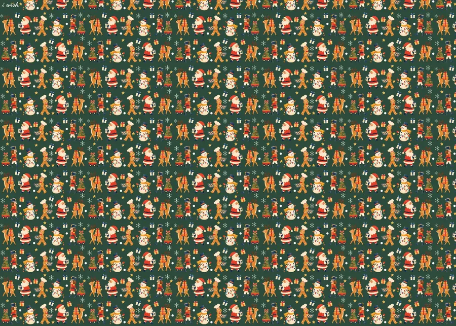 The full 50 × 70 cm sheet of Christmas Parade wrapping paper: Santa, a gingerbread baker, a snowman and a deer on pine green